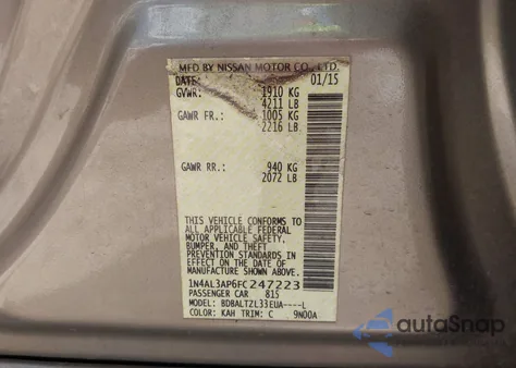 2015 Nissan Altima 2.5 Sl z USA, uszkodzony, nr VIN 1N4AL3AP6FC247223